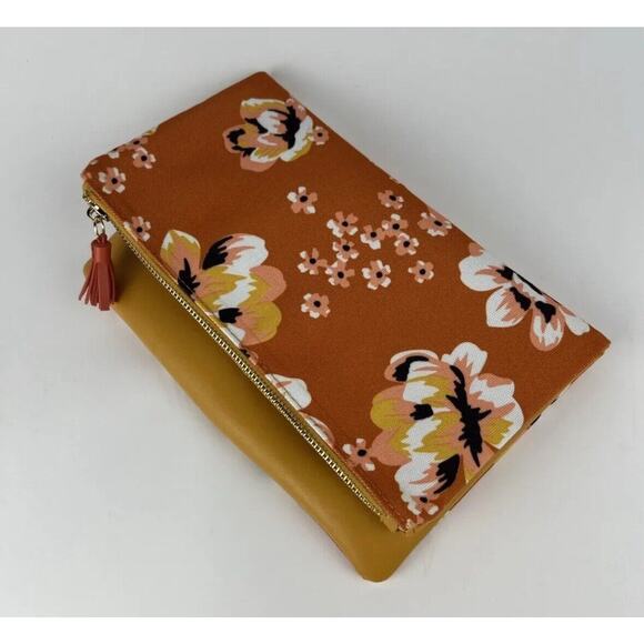 Anthropology Rachel Pally Fold Over Clutch Purse Orange Yellow Floral Reversable - Picture 1 of 10